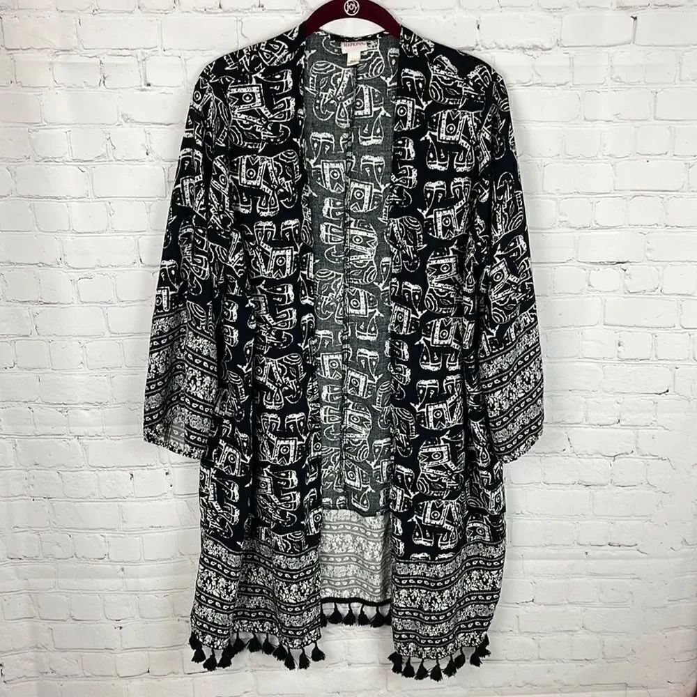 Merona Black & White Abstract Elephant Tassel Kimono Cardigan Sz M/L